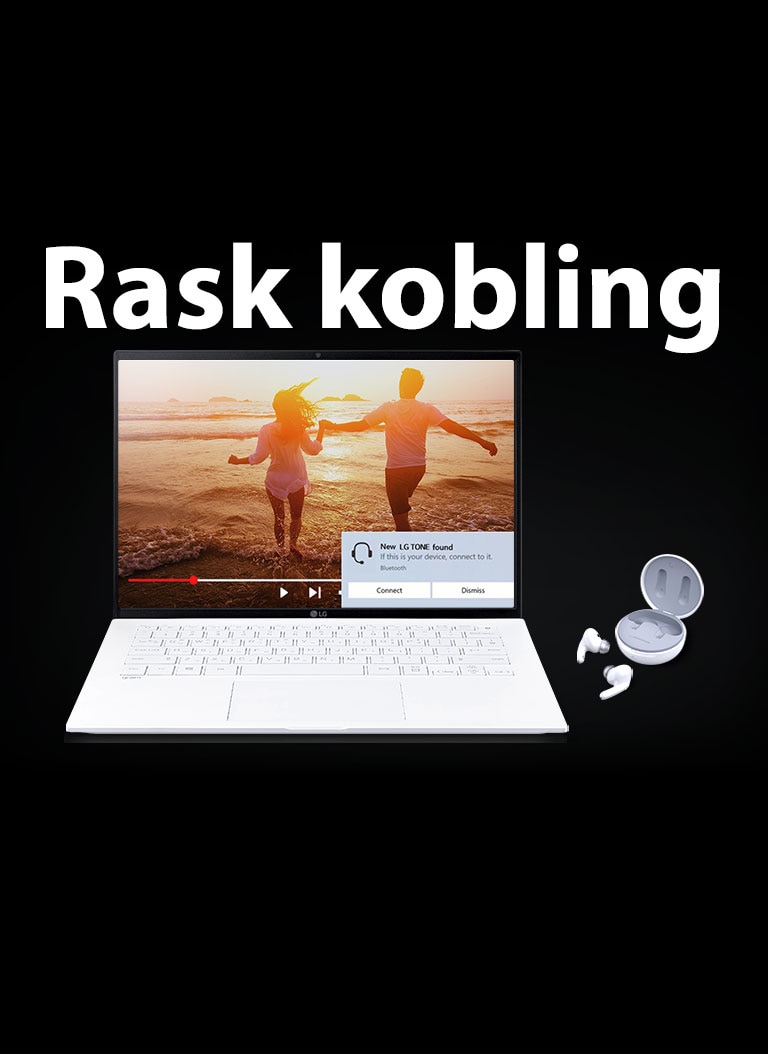 Et bilde av en b?rbar datamaskin og TONE Free plassert under uttrykket “rask kobling”, og koblingsvarsel sl?tt p? p? den ?pne b?rbare skjermen.