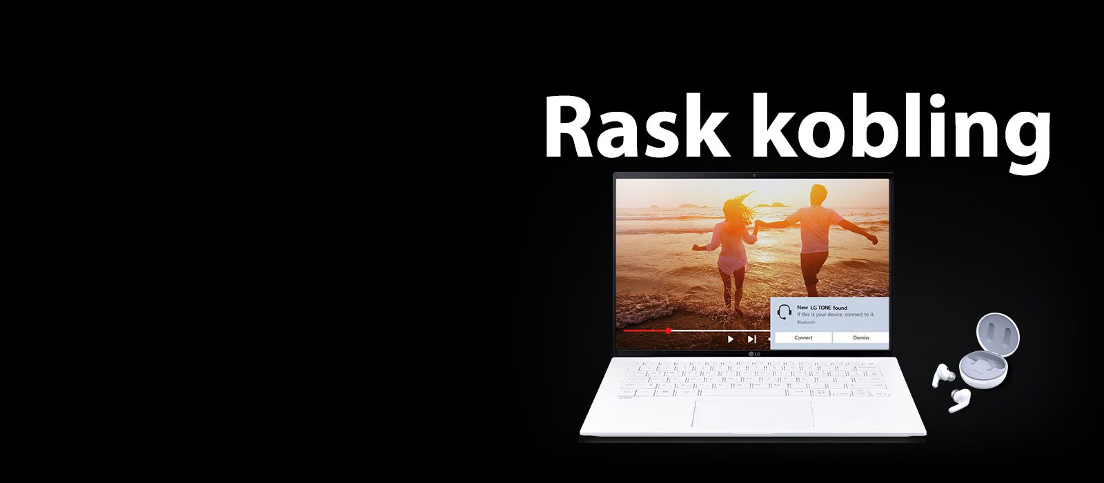 Et bilde av en b?rbar datamaskin og TONE Free plassert under uttrykket “rask kobling”, og koblingsvarsel sl?tt p? p? den ?pne b?rbare skjermen.