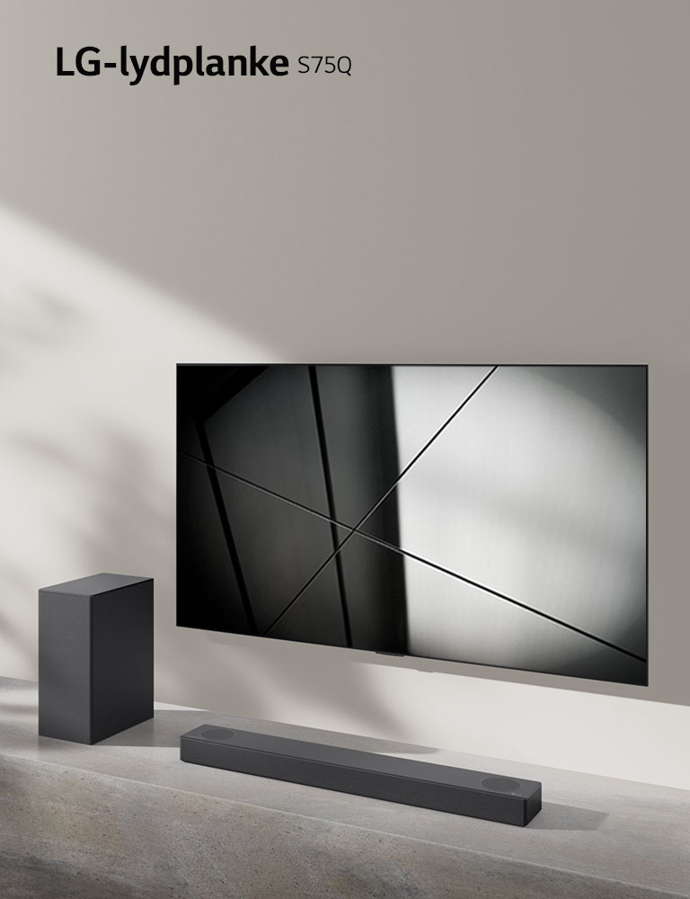 LG-lydplanke S65Q og LG-TV plassert sammen i en stue. TV-en er p? og viser et svart-hvitt-bilde.