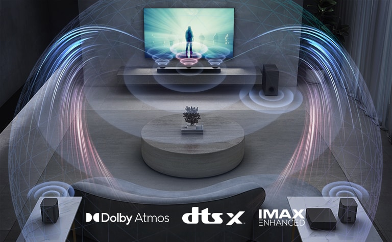 LG-TV-en henger p? veggen i stua. En film spilles av p? TV-skjermen. LG-lydplanken er direkte under TV-en p? en gr? hylle med en subwoofer rett ved siden av. Et sett med 2 bakh?yttalere st?r bak i stuen. Lydeffektgrafikk kommer ut fra alle h?yttalere. Logo av Dolby Atmos og DTS:X, IMAX Enhanced vises nederst, midt p? bildet.