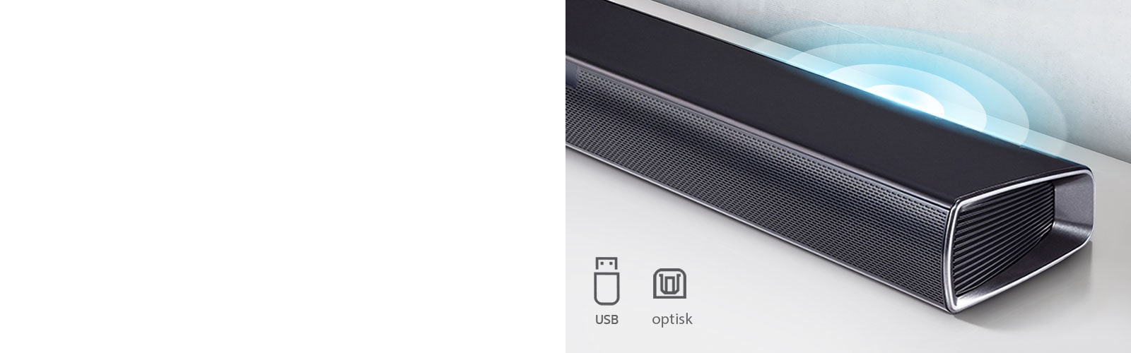 LG-lydplanken st?r p? den hvite hyllen. Lyd-grafikken som kommer ut fra h?yttaleren. Den viser USB, optiske ikoner.