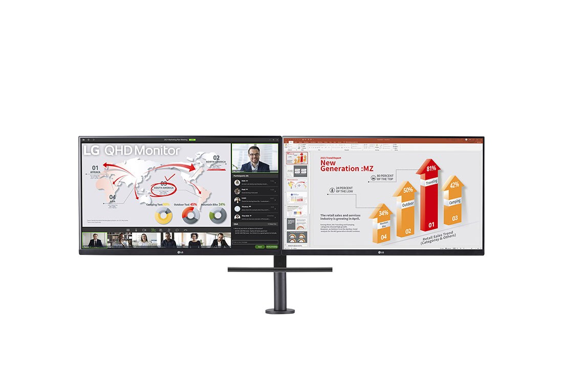 LG 27-tommers QHD-skjerm Ergo Dual med seriekobling, Set forfra med side om side-modul, 27QP88DP-BS