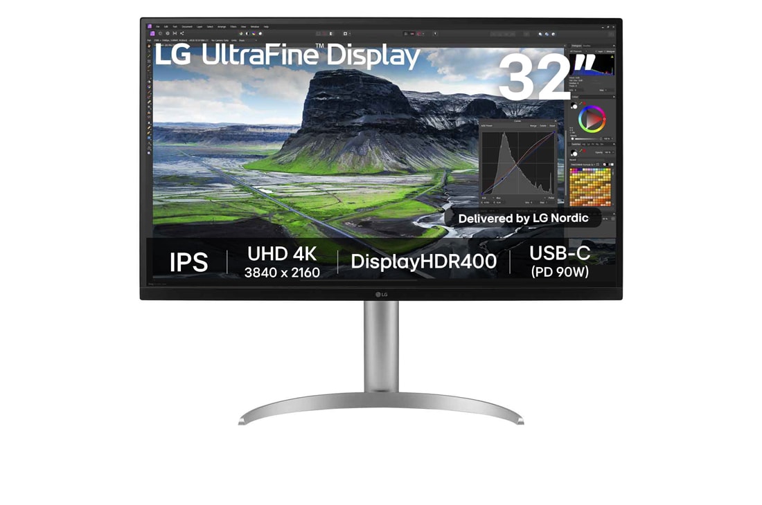 LG 32'' UHD 4K IPS-skjerm med kontrastforhold p? 2000:1, visning forfra, 32UQ850V-W