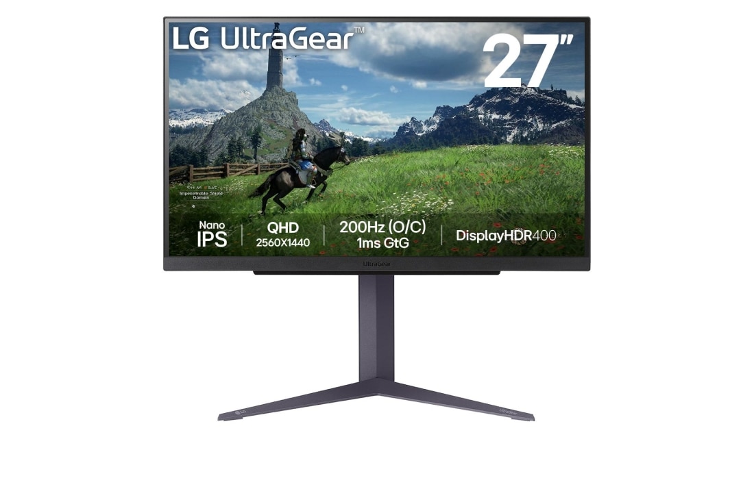 LG 27'' UltraGear? QHD Nano IPS 180 Hz (O/C 200 Hz) spillskjerm | 1 ms (GtG), DisplayHDR? 400, visning forfra, 27GS85Q-B