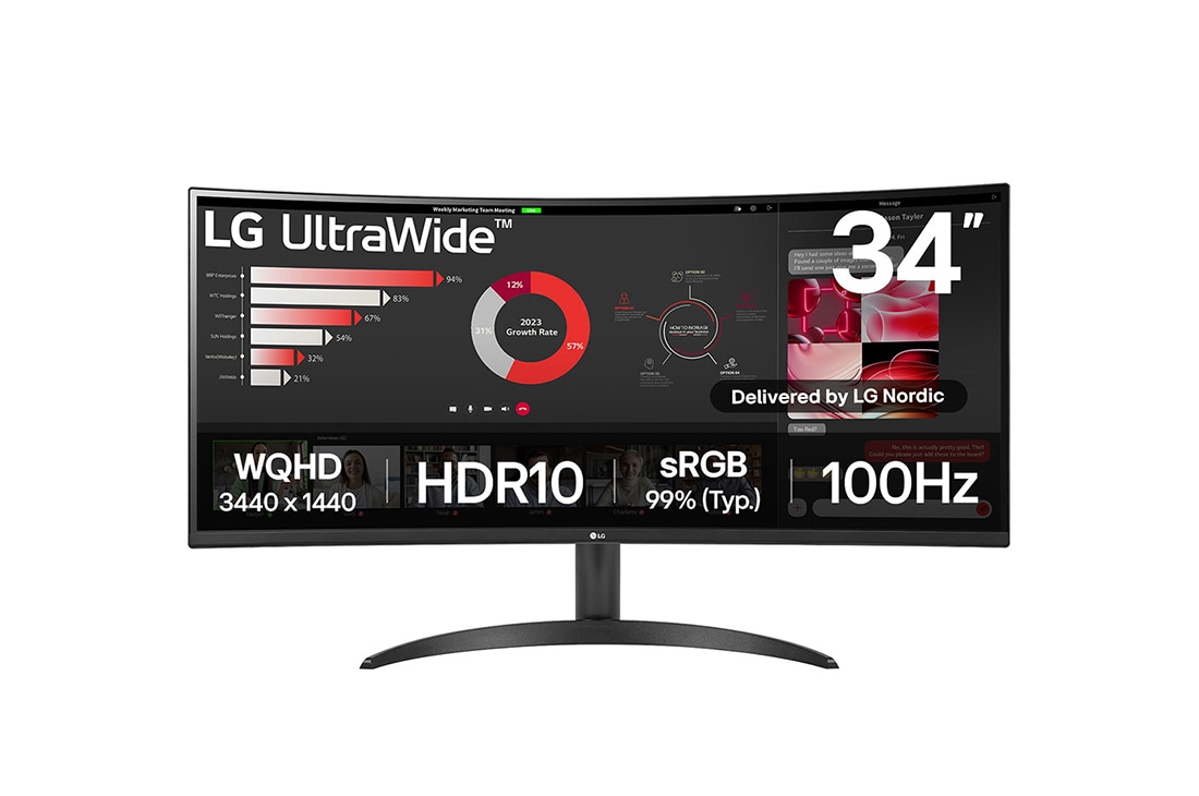 LG 34'' UltraWide QHD buet skjerm, visning forfra, 34WR50QK-B