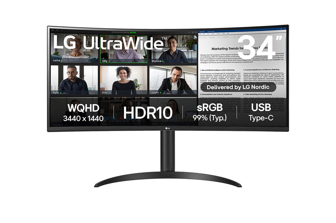LG 34'' UltraWide QHD Curved skjerm med USB Type-C?, visning forfra, 34WR55QK-B