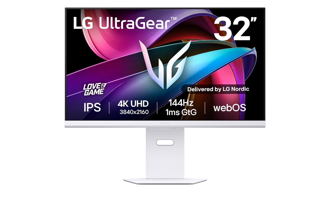LG UltraGear? 32-tommers 144 Hz UHD 4K KI Smart spillskjerm | 1 ms (GtG), webOS, visning forfra, 32G810SA-W