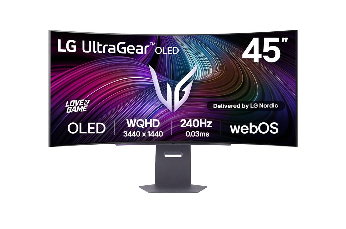 LG UltraGear? 45-tommers OLED 240 Hz WQHD buet smart gamingskjerm | webOS, 0.03 ms (GtG), 240 Hz, DisplayHDR True Black 400, visning forfra, 45GX90SA-B