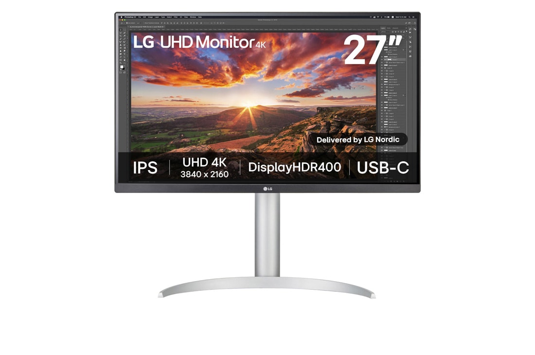 LG 27'' UHD 4K IPS-skjerm med VESA DisplayHDR? 400, visning forfra, 27UP850K-W
