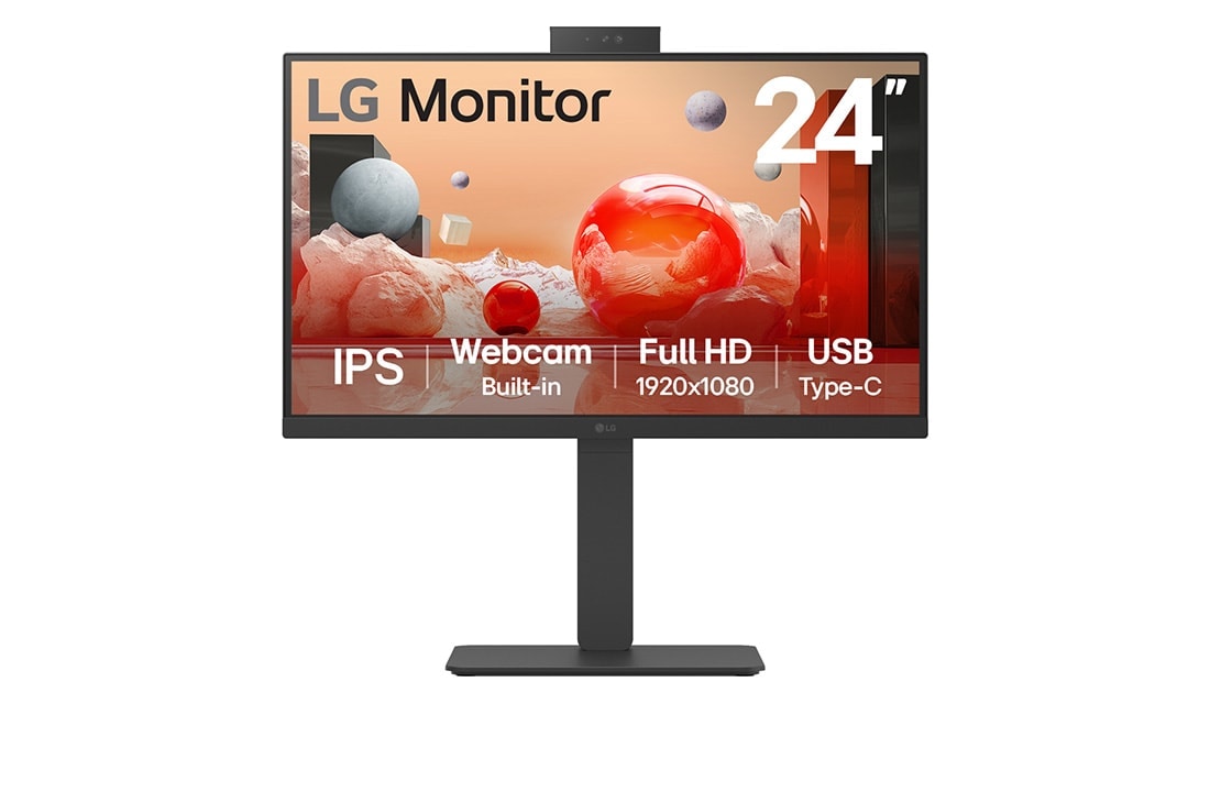 LG 24'' Full HD IPS-skjerm med innebygd FHD-webkamera og USB Type-C?, visning forfra, 24BA850-B