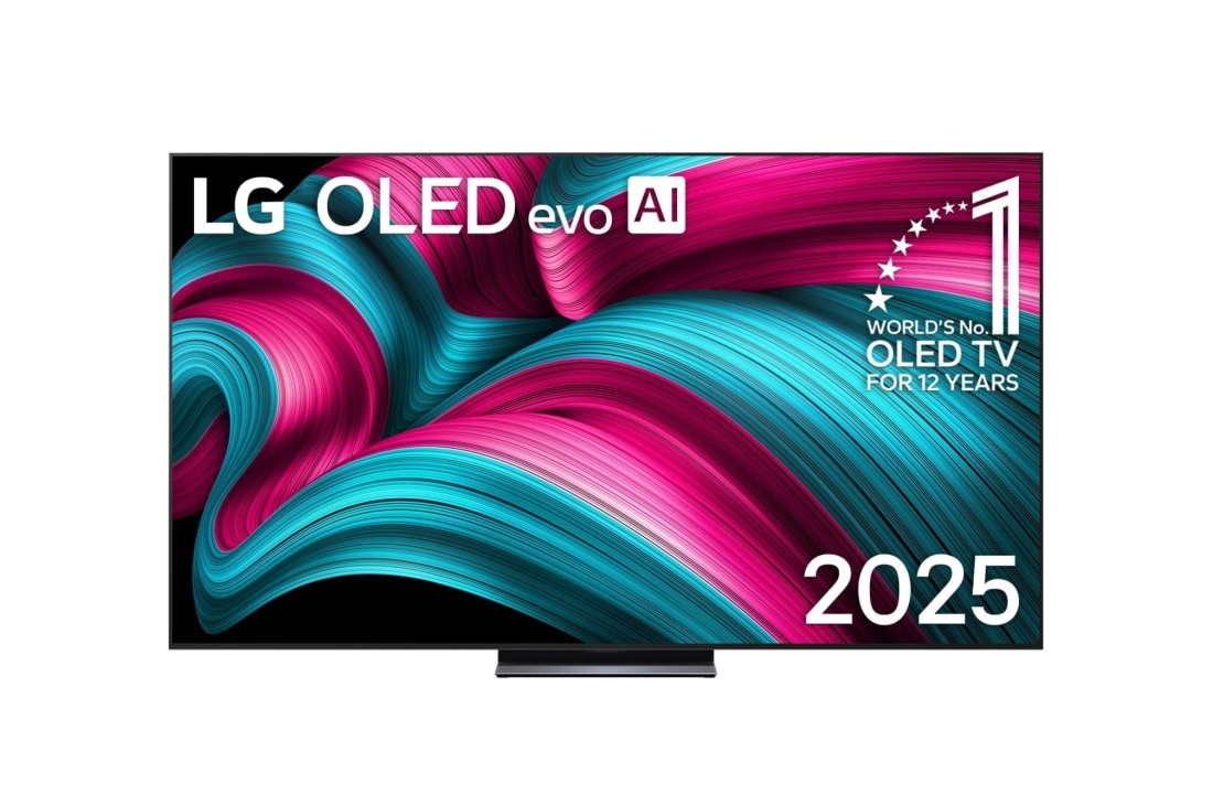 LG 83 -tommers LG OLED evo AI C5 4K Smart TV 2025, Visning forfra av LG OLED evo AI C5 4K Smart TV. 12 ?r som nummer én OLED-emblem og LG OLED evo AI 2025 logoer ses p? skjermen., OLED83C54LA