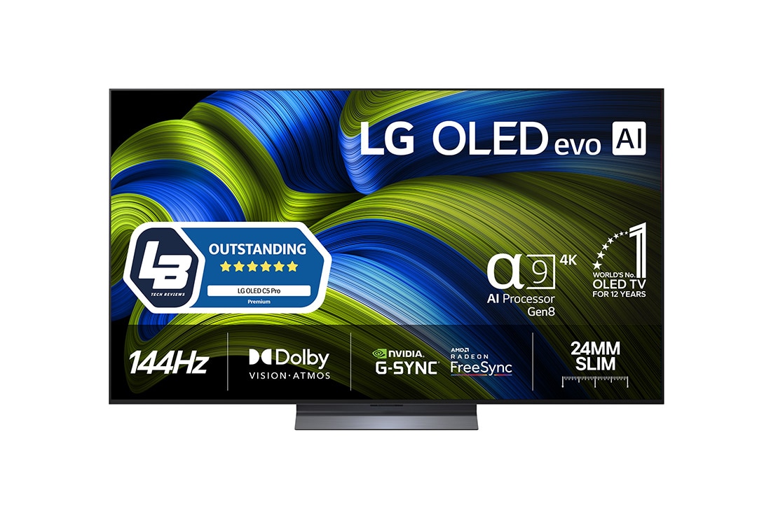 LG 65 -tommers LG OLED evo AI C5 Pro 4K Smart TV 2025, Visning forfra av LG OLED evo AI C5E 4K Smart TV. 12 ?r som nummer én OLED-emblem og LG OLED evo AI 2025 logoer ses p? skjermen., OLED65C5ELB