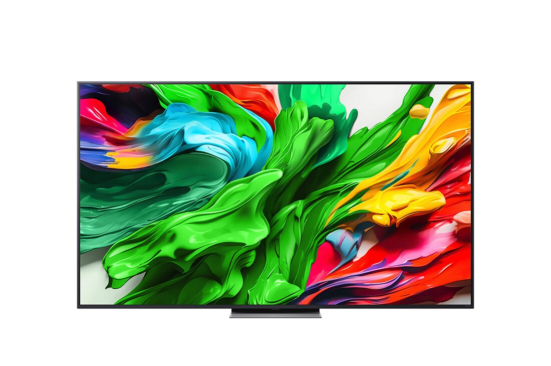 LG 75-tommers LG QNED evo AI QNED87 4K Smart TV 2025, Visning forfra av LG QNED evo QNED87 TV, LG QNED evo Al Logo ?verst i hj?rnet. LG QNED evo QNED87 TV viser fargerike maleteksturer som kommer sammen., 75QNED87A6B