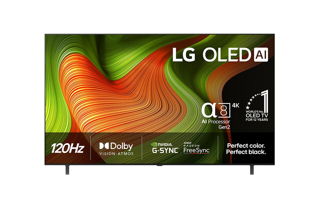LG 77 tommers LG OLED evo AI B5 4K Smart TV 2025, LG OLED AI B5 4K Smart TV sett forfra. 12 ?r som verdens nummer 1 OLED-emblem og LG OLED AI 2025-logo vises p? skjermen., OLED77B56LA