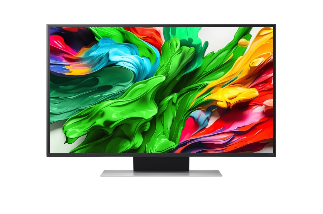 LG 43-tommers LG QNED evo AI QNED87 4K Smart TV 2025, Visning forfra av LG QNED evo QNED87 TV, LG QNED evo Al Logo ?verst i hj?rnet. LG QNED evo QNED87 TV viser fargerike maleteksturer som kommer sammen., 43QNED87A6D