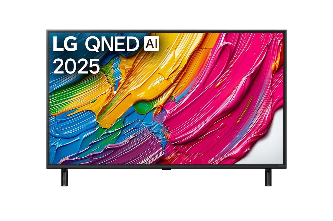 LG 43-tommers LG QNED AI QNED80 4K Smart TV 2025, Visning forfra av LG QNED80 TV, LG QNED AI-logo i ?verste hj?rne. LG QNED TV viser fargerike, malerilignende teksturer som smelter sammen., 43QNED80A6A
