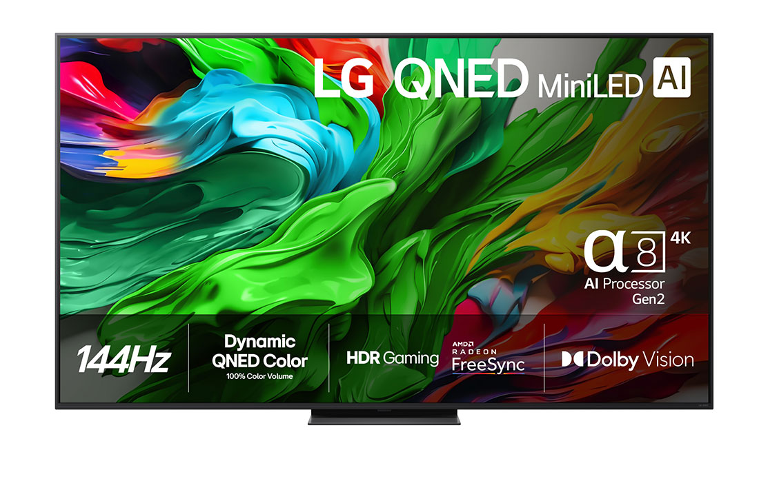 LG 86-tommers LG QNED evo AI QNED86 MiniLED 4K Smart TV 2025, Visning forfra av LG QNED evo QNED92 TV, LG QNED evo AI-logo i ?vre hj?rne. LG QNED evo QNED92 TV viser fargerike, malerilignende teksturer som smelter sammen., 86QNED86A6A