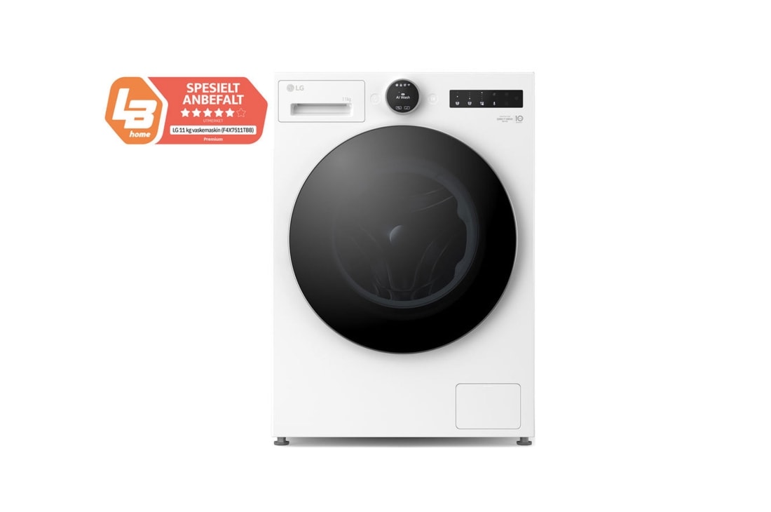 LG 11 kg Vaskemaskin(Hvit) - Energiklasse A, LCD-vred, TurboWash360?, AI DD?, Smart Diagnosis? med Wi-Fi, front view, F4X7511TWS