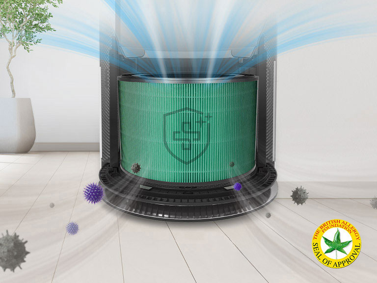 The purifier is shown with half of it showing the deodorization filter while the other half shows the safe plus filter of the machine.