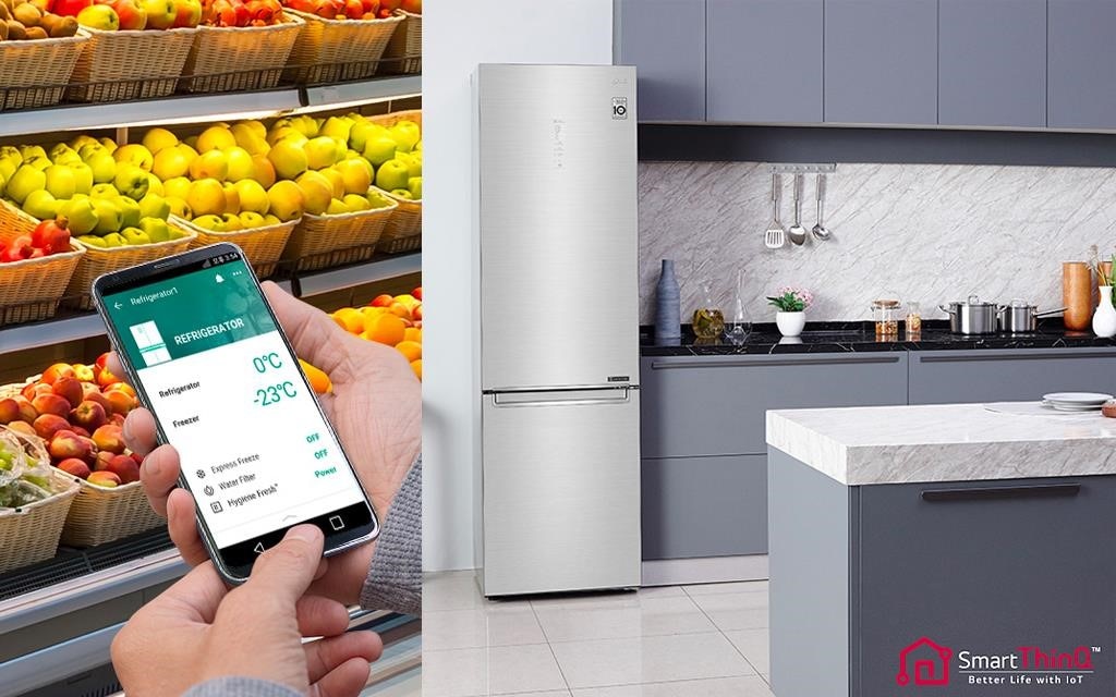 Controle o seu frigorífico inteligente com LG ThinQ para um armazenamento adequado dos alimentos.
