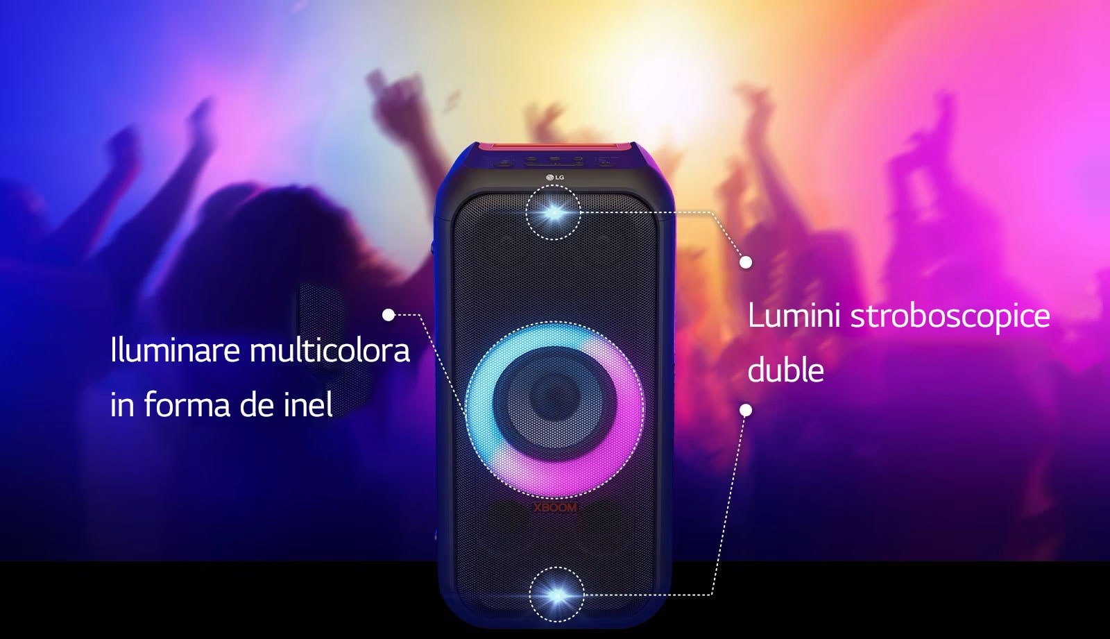 Vedere frontal? a difuzorului. Exist? o linie care informeaz? cu privire la fiecare parte a iluminatului. ?n partea superioar? ?i cea inferioar?, lumini stroboscopice duble. ?n mijloc sunt aprinse luminile cu inel multicolor roz ?i cyan.