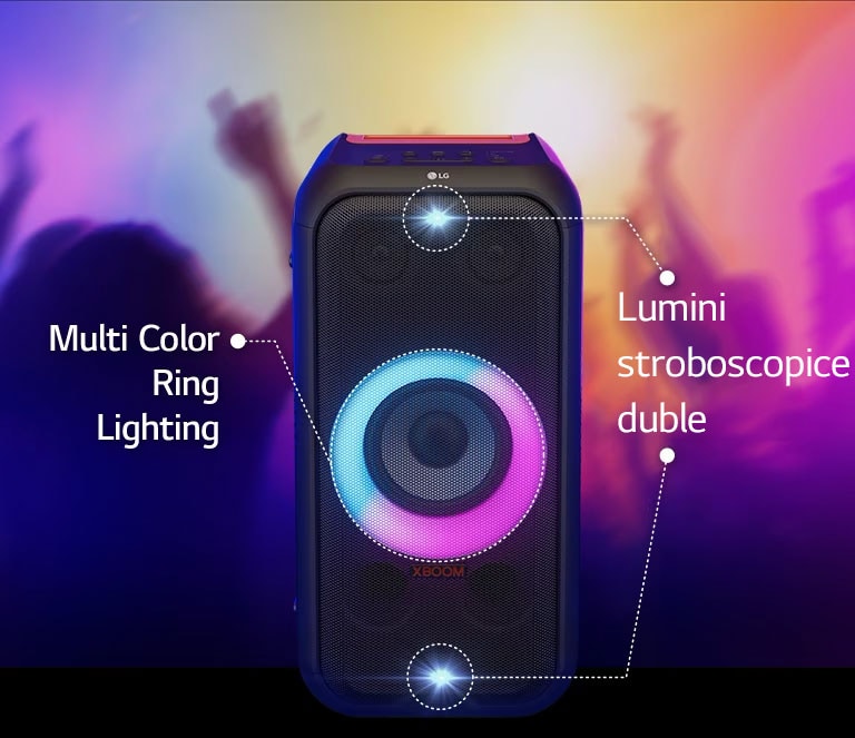 Vedere frontal? a difuzorului. Exist? o linie care informeaz? cu privire la fiecare parte a iluminatului. ?n partea superioar? ?i cea inferioar?, lumini stroboscopice duble. ?n mijloc sunt aprinse luminile cu inel multicolor roz ?i cyan.