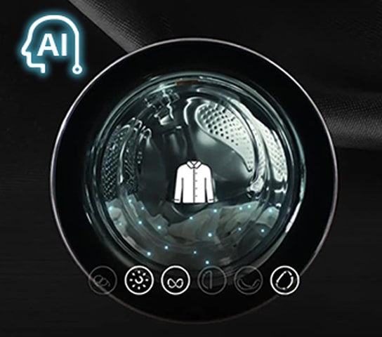 U?a ma?inii de sp?lat este vizibil?, cu rufe ?n interior ?i o pictogram? cu o c?ma?? deasupra.