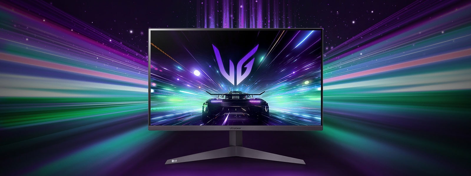 O imagine cu o ma?in? de curse care merge cu viteza luminii ?n interiorul unui monitor UltraGear.