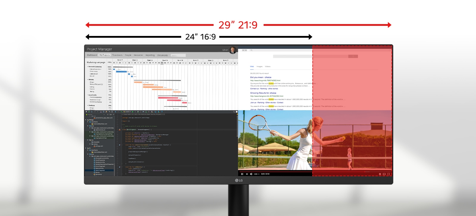 Monitor LG ultra-larg de 29” care ilustreaz? diferen?a dintre formatele de imagine 21:9 ?i 16:9, cu mai multe aplica?ii afi?ate una lang? alta pentru multitasking.	