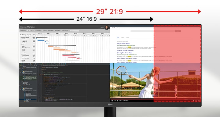 Monitor LG ultra-larg de 29” care ilustreaz? diferen?a dintre formatele de imagine 21:9 ?i 16:9, cu mai multe aplica?ii afi?ate una lang? alta pentru multitasking.	