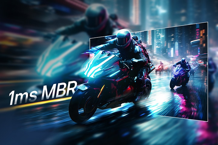 Motocicli?ti futuri?ti se ?ntrec pe o strad? urban? luminat? cu neoane, cu un efect de mi?care neclar? pe fundal ?i o sec?iune eviden?iat? ce prezint? imagini clare ?i detaliate – demonstrand tehnologia Motion Blur Reduction (MBR) de 1ms.	