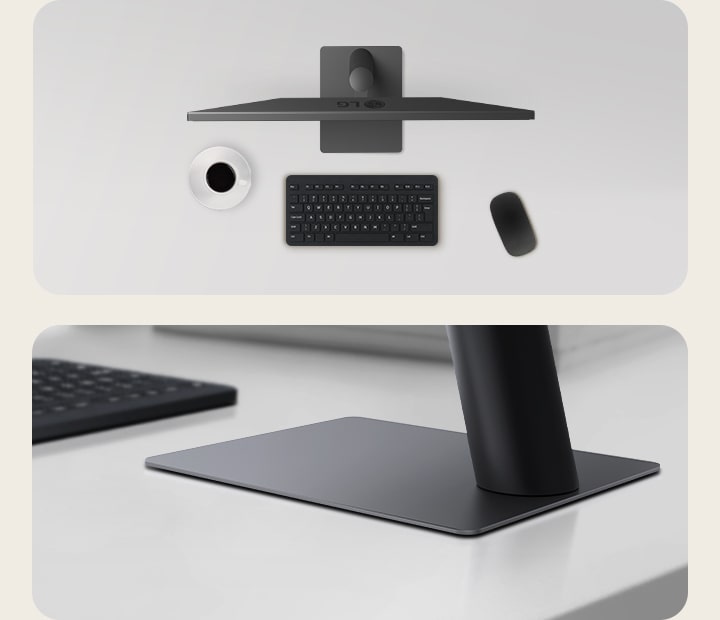 Vederi de sus ?i unghiulare ale unei configura?ii de monitor pe un birou curat, cu o cea?c? de cafea, tastatur? wireless, mouse ?i un suport elegant, cu profil compact, care asigur? stabilitate ?i economise?te spa?iu.	