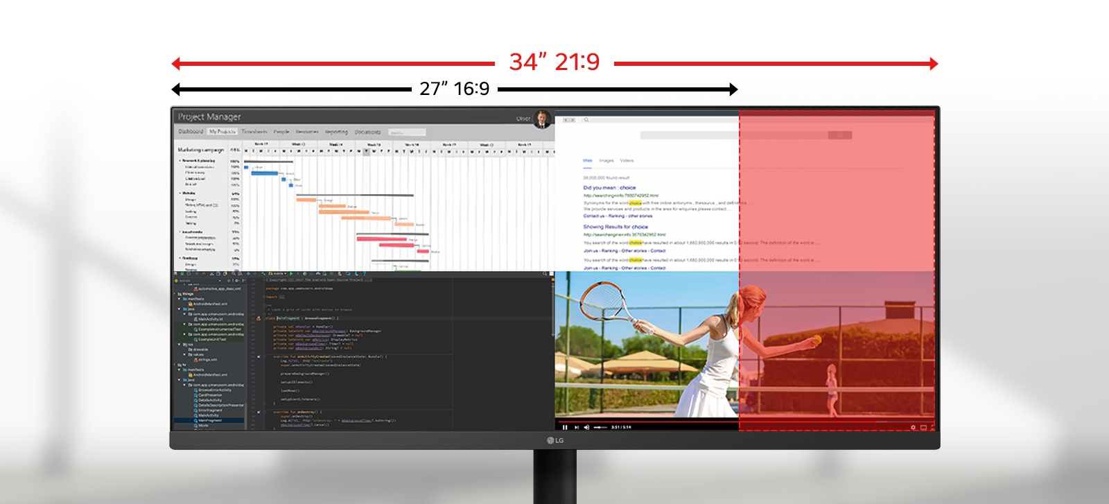 Monitor LG ultra-larg care afi?eaz? mai multe aplica?ii pe un ecran 21:9 de 34”, cu o compara?ie eviden?iat? care arat? spa?iul orizontal suplimentar fa?? de un ecran 16:9 standard de 29”.	