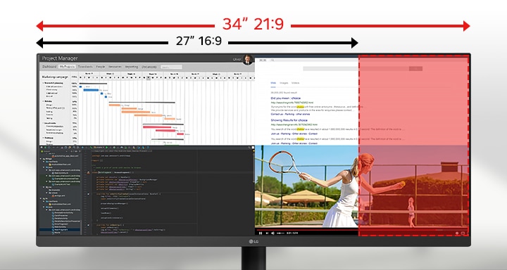 Monitor LG ultra-larg care afi?eaz? mai multe aplica?ii pe un ecran 21:9 de 34”, cu o compara?ie eviden?iat? care arat? spa?iul orizontal suplimentar fa?? de un ecran 16:9 standard de 29”.	