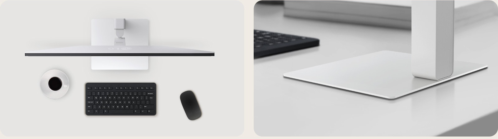 Vederi de sus ?i unghiulare ale unei configura?ii de monitor pe un birou curat, cu o cea?c? de cafea, tastatur? wireless, mouse ?i un suport elegant, cu profil compact, care asigur? stabilitate ?i economise?te spa?iu.	