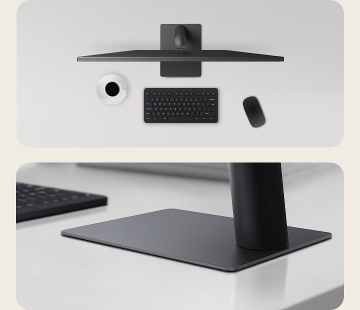 Vederi de sus ?i unghiulare ale unei configura?ii de monitor pe un birou curat, cu o cea?c? de cafea, tastatur? wireless, mouse ?i un suport elegant, cu profil compact, care asigur? stabilitate ?i economise?te spa?iu.	