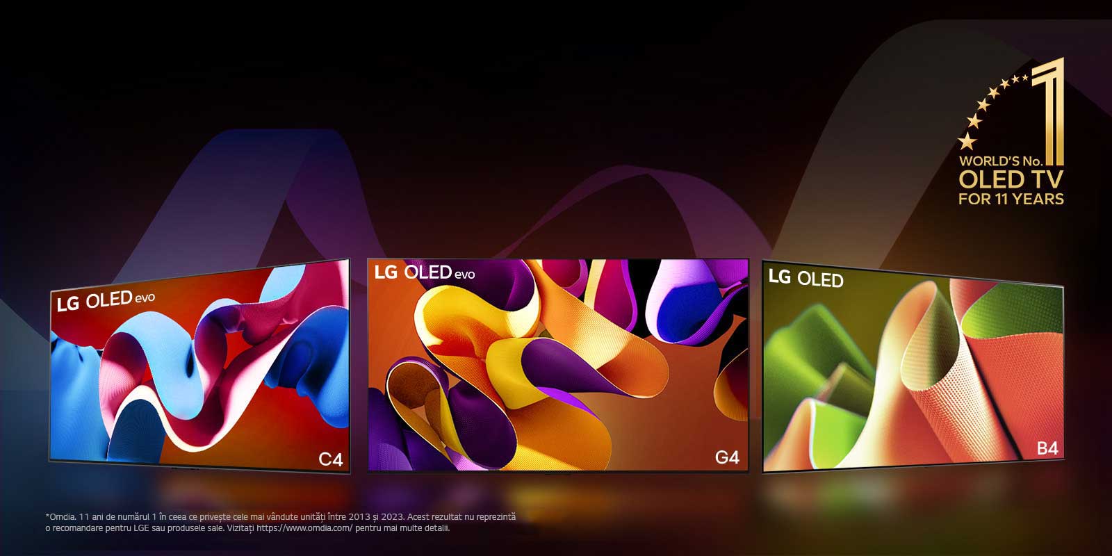 LG OLED evo TV C4, evo G4, ?i B4 stand ?n rand, pe un fundal negru cu vartejuri subtile de culoare. Emblema ?Televizorul OLED num?rul 1 ?n lume timp de 11 ani” este ?n imagine.  O declinare a r?spunderii transmite: ?Sursa: Omdia. Unit??i livrate, din 2013 pan? ?n 2023. Rezultatele nu reprezint? o sus?inere din partea LG Electronics. Orice ?ncredere acordat? acestor rezultate se face pe riscul ter?ilor. Vizita?i https://www.omdia.com/ pentru mai multe detalii.”