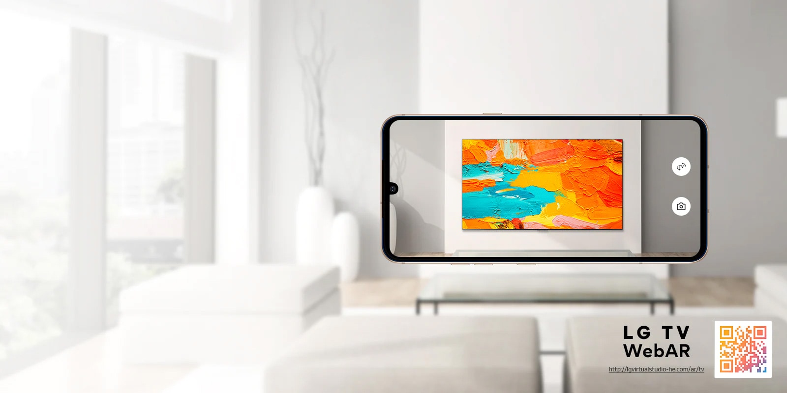 Aceasta este o imagine de simulare WebAR a televizorului LG OLED. Imaginile telefonului mobil suprapuse pe un spa?iu minimalist. Exist? un cod QR ?n dreapta jos.