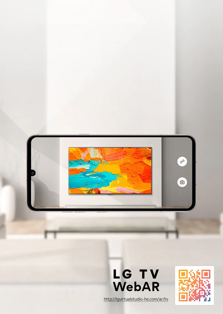 Aceasta este o imagine de simulare WebAR a televizorului LG OLED. Imaginile telefonului mobil suprapuse pe un spa?iu minimalist. Exist? un cod QR ?n dreapta jos.