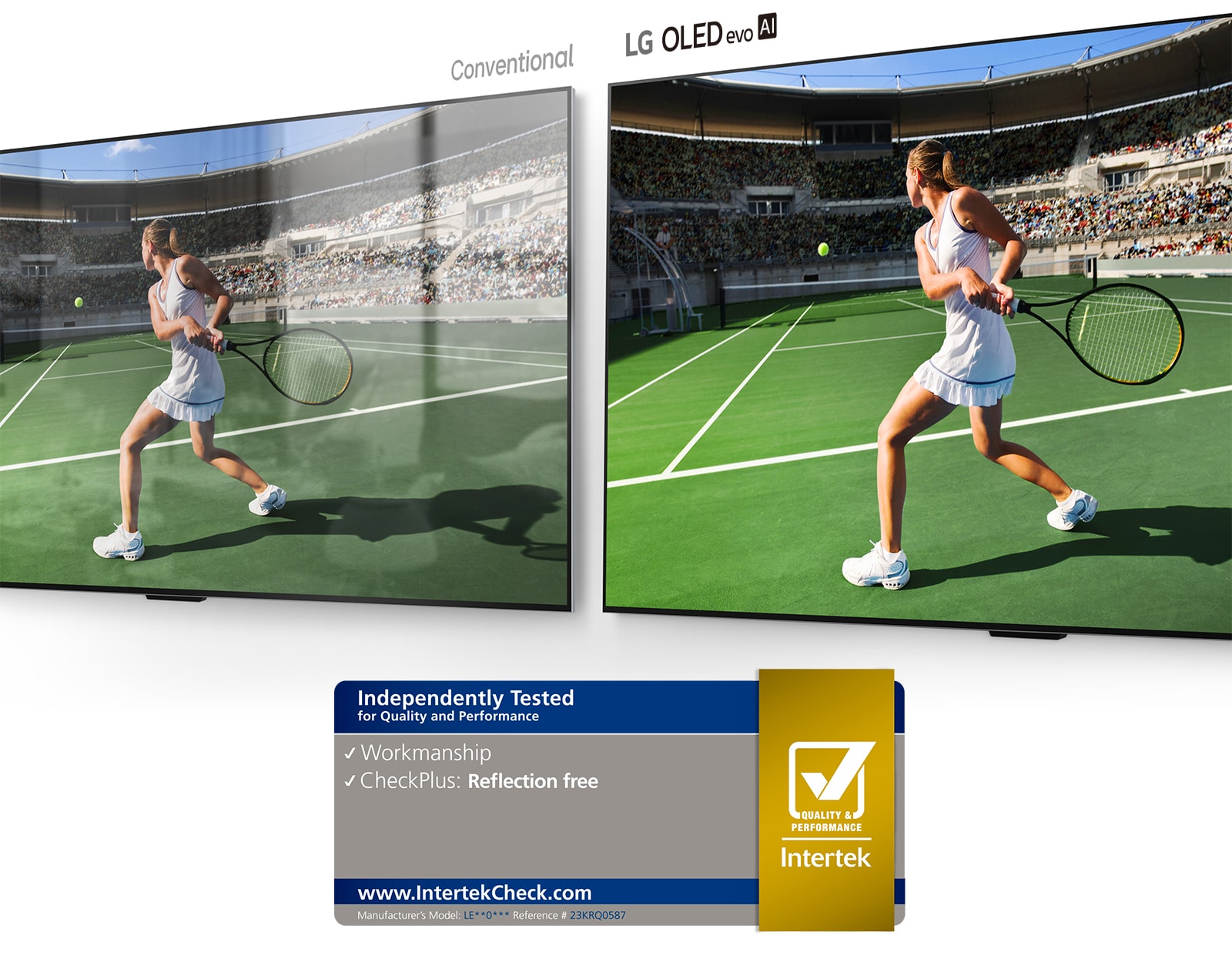 Pe stanga, un TV conven?ional afi?eaz? un juc?tor de tenis pe un stadion cu o reflexie a camerei pe ecran. Pe dreapta, LG OLED evo AI G4 afi?eaz? aceea?i imagine a unui juc?tor de tenis pe un stadion f?r? reflexie a camerei, iar imaginea este mai luminoas? ?i mai colorat?.
