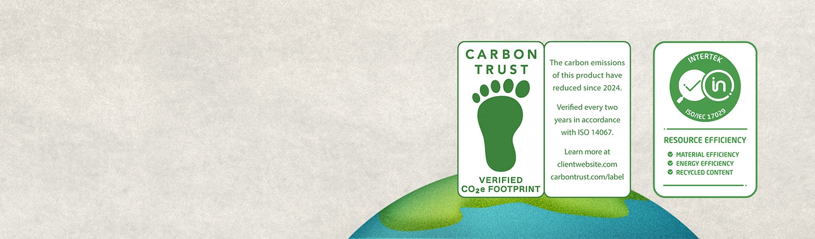Marcaj de certificare Carbon Trust, pentru reducerea carbonului ?i m?surarea emisiilor de carbon ?i marcaj de certificare pentru eficien?a resurselor, de c?tre Intertek.
