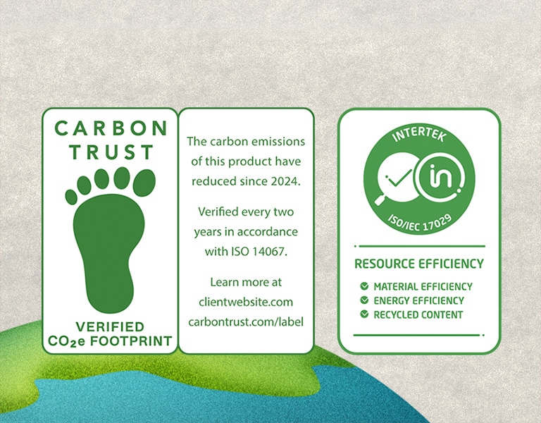 Marcaj de certificare Carbon Trust, pentru reducerea carbonului ?i m?surarea emisiilor de carbon ?i marcaj de certificare pentru eficien?a resurselor, de c?tre Intertek.