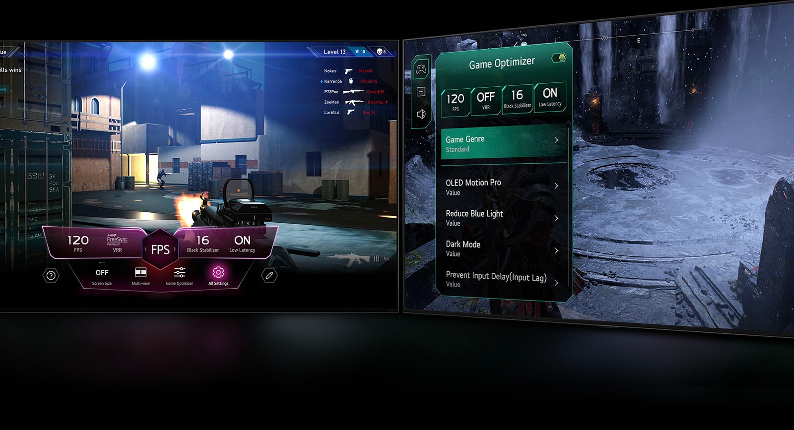 Imagine cu o secven?? de joc FPS afi?and panoul de control care apare ?n timpul jocului. O scen? ?ntunecat?, de iarn?, cu meniul Game Optimizer ap?rand deasupra jocului. 
