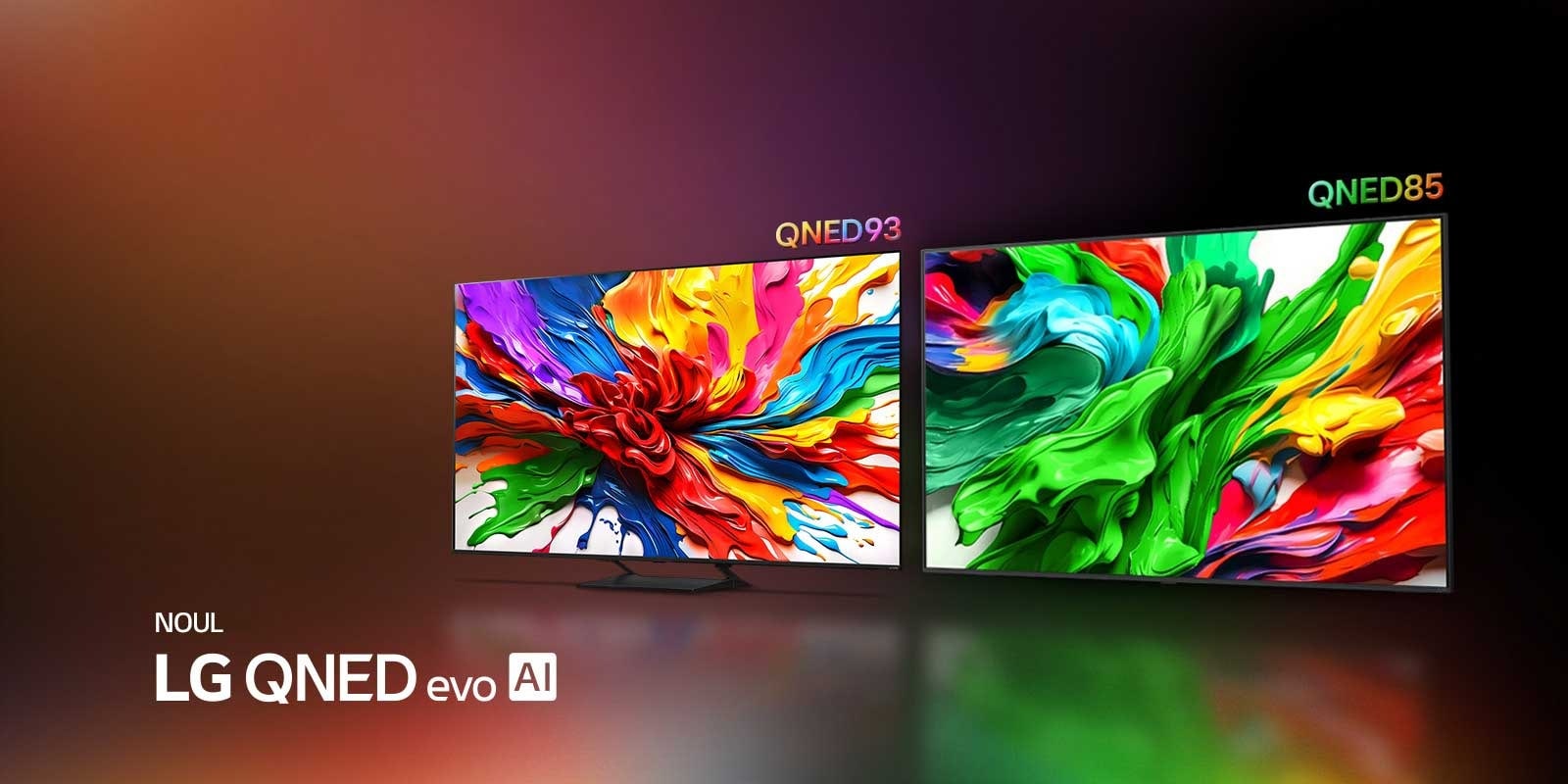 LG TV-uri cu o oper? de art? colorat?, care subliniaz? noua tehnologie de reproducere de culori intense ?i vibrante a LG QNED. Sigla NOUL LG QNED evo AI este, de asemenea, prezent?.