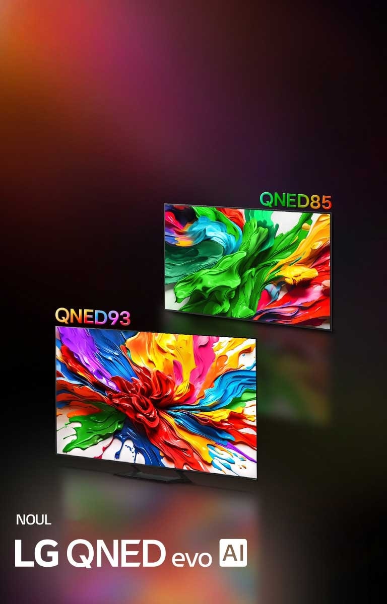 LG TV-uri cu o oper? de art? colorat?, care subliniaz? noua tehnologie de reproducere de culori intense ?i vibrante a LG QNED. Sigla NOUL LG QNED evo AI este, de asemenea, prezent?.