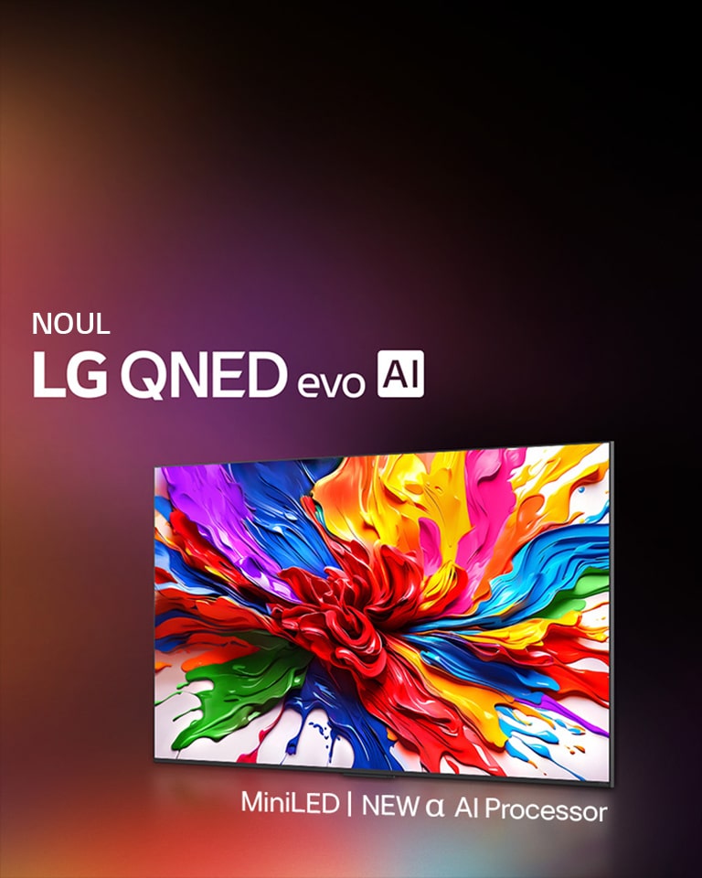 Televizor LG QNED pe un fundal ?ntunecat ?i colorat. Pe ecran se afl? o imagine artistic? luminoas? ?i vibrant?, care eviden?iaz? tehnologia de culoare QNED ?i capacitatea de a reda un spectru larg de nuan?e cu un contrast excelent. Este prezent noul logo LG QNED evo AI. Subtitr?rile eviden?iaz? tehnologia MiniLED QNED ?i noul procesor alpha AI. Titlul spune: Fiecare Culoare Redefinit?, O Nou? Experien?? ?ncepe.