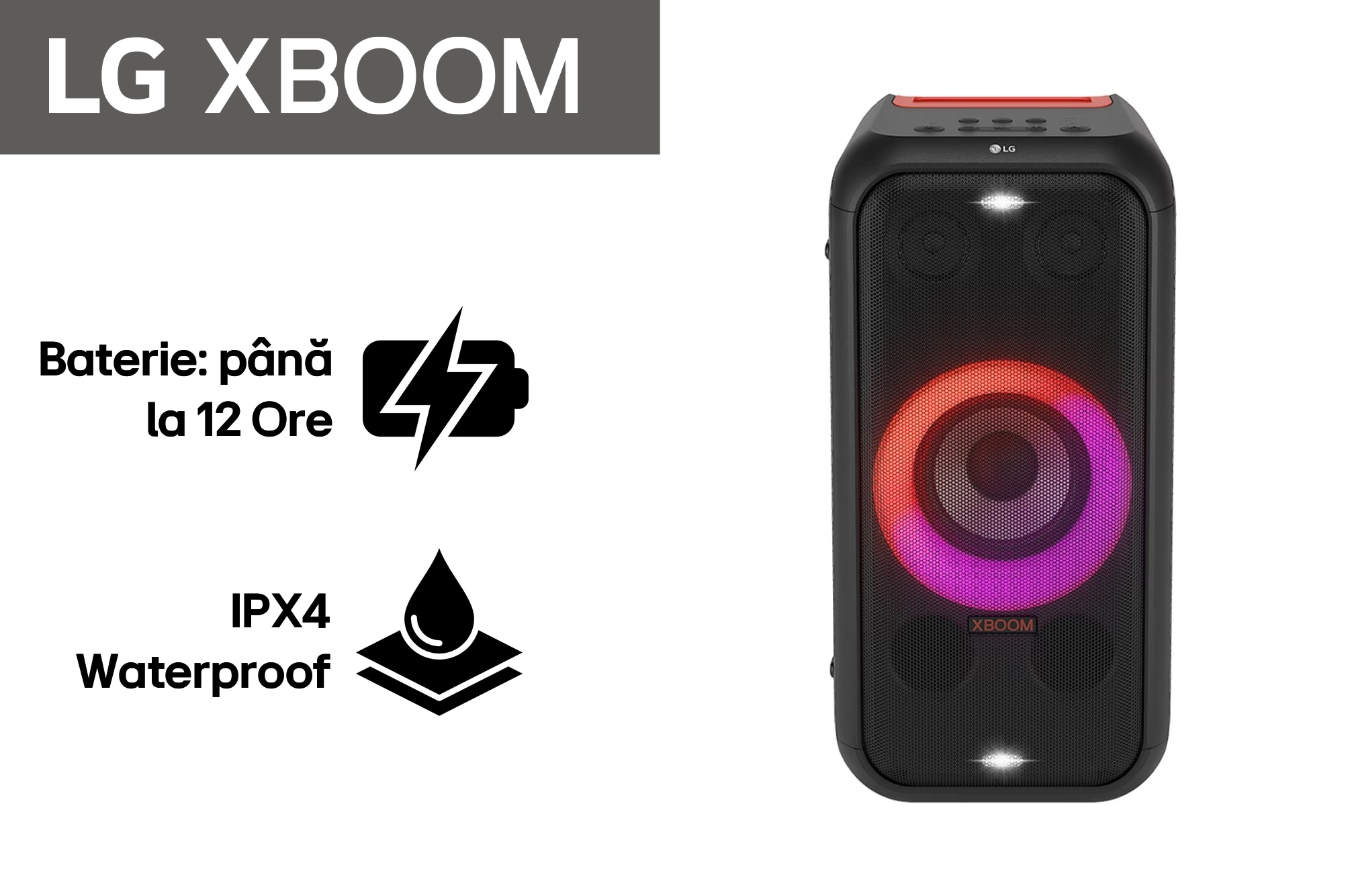 LG XBOOM XL5S, Vedere frontal? cu toate luminile aprinse., XL5S