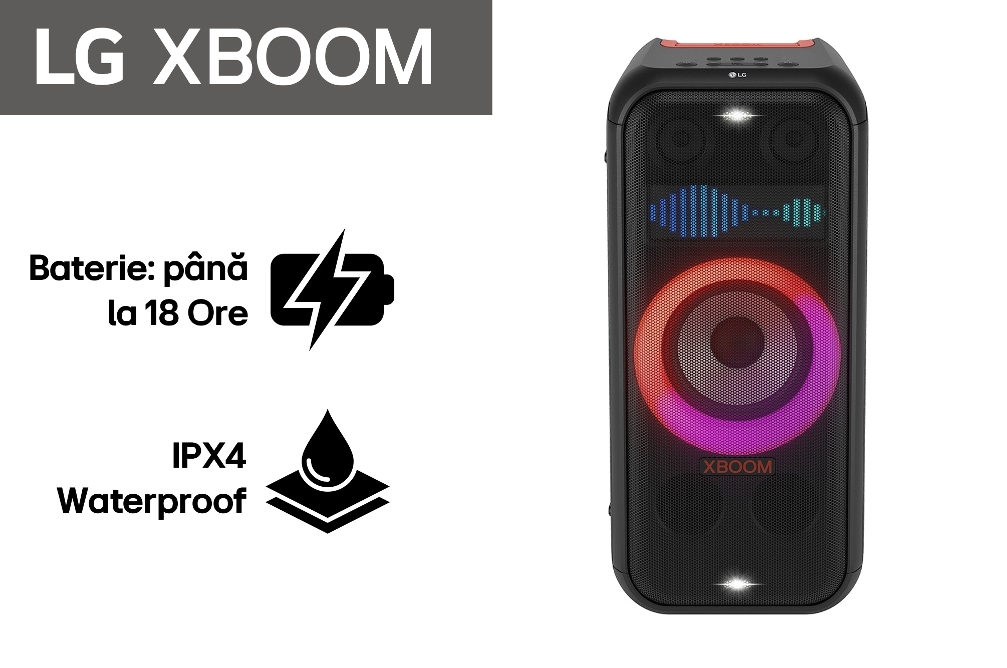 LG XBOOM XL7S, Vedere frontal? cu toate luminile aprinse. Pe panoul cu iluminat cu pixeli dinamici, este afi?at textul XBOOM., XL7S