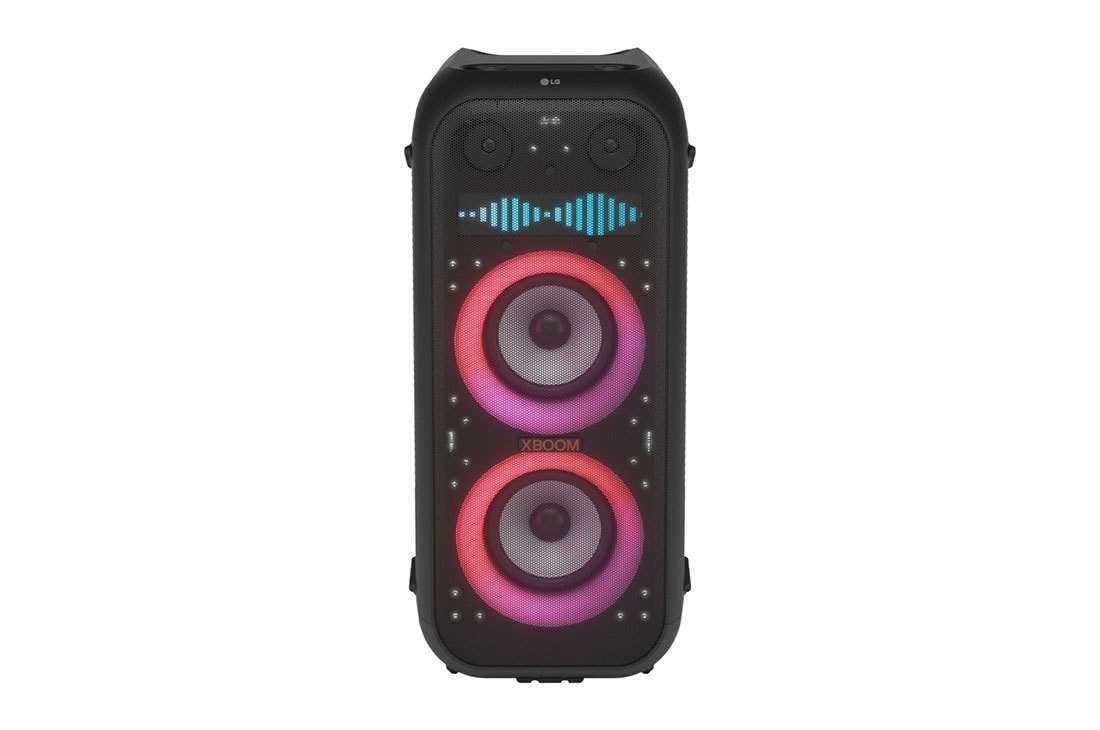 LG XBOOM XL9T, Vedere din fa??, cu toate luminile aprinse. Pe panoul ecranului Pixel Art, afi?eaz? egalizatorul de sunet., XL9T