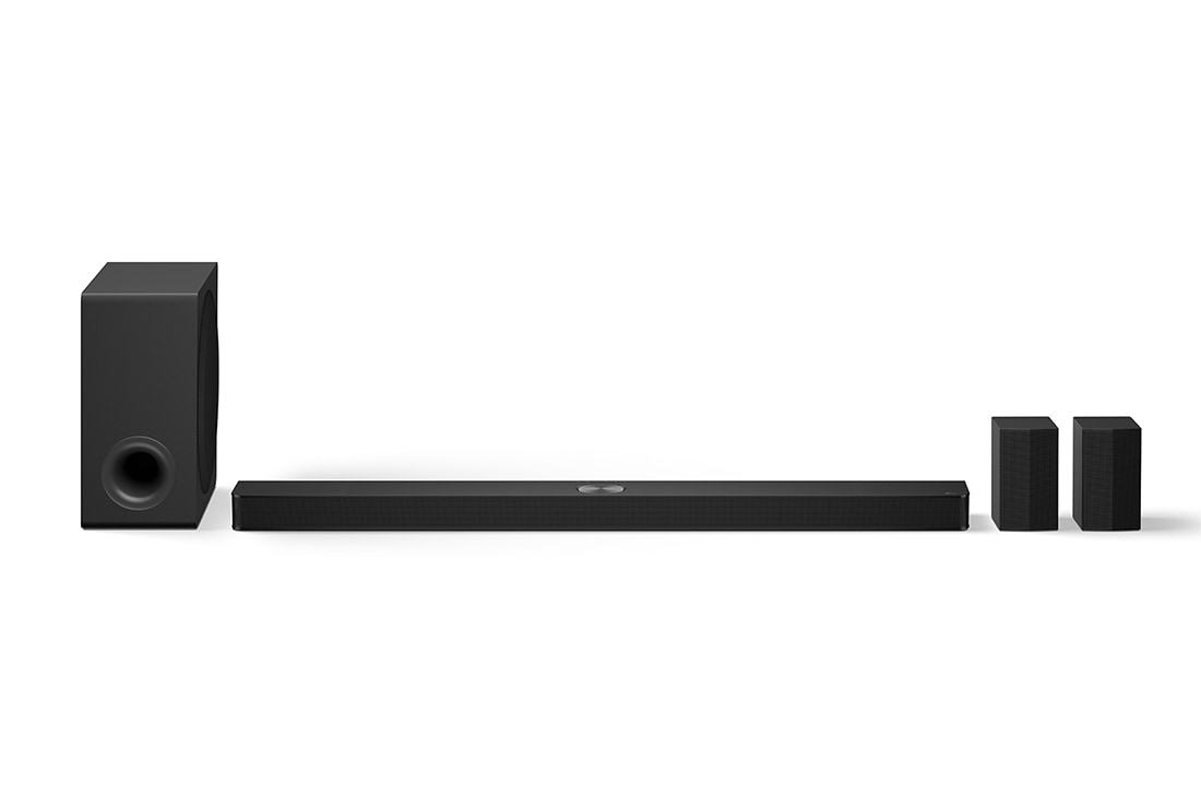 LG Soundbar LG cu Dolby Atmos, 7.1.3 canale, model S90TR., Vedere frontal? a LG Soundbar S90TR, subwoofer ?i difuzoare spate, S90TR